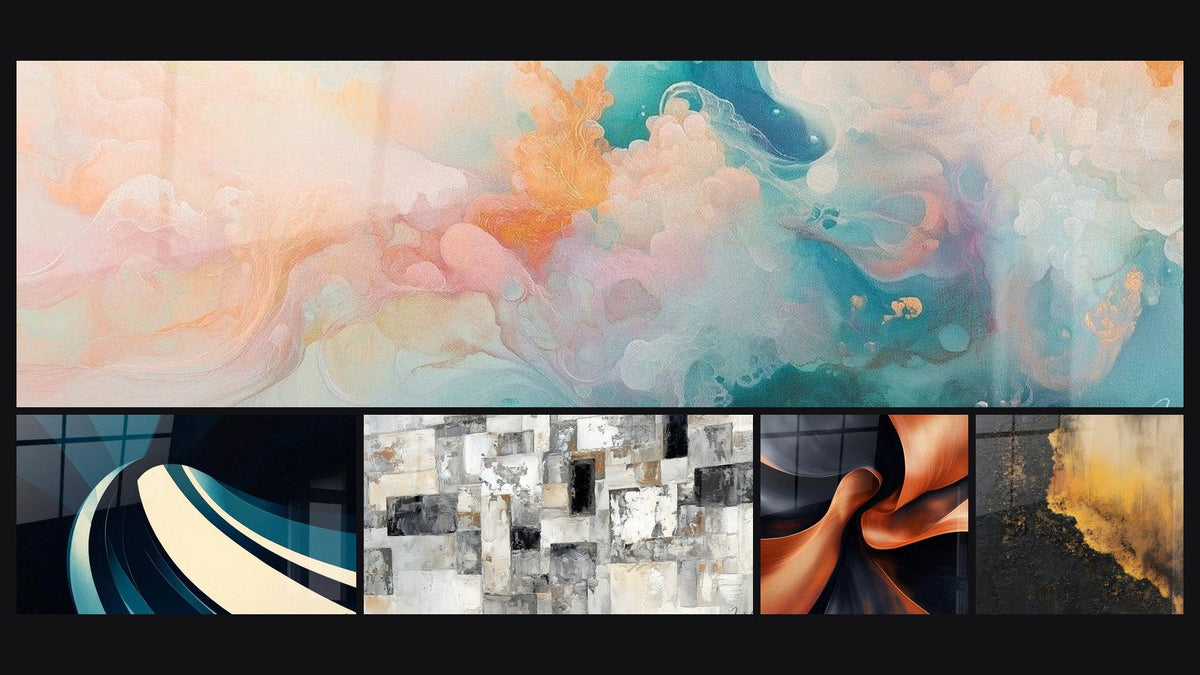 Mosaico di cinque quadri, tra cui Cumuli Flottanti Rosa, A onde spiralata moderna e Astratto Mosaico Grigio e Beige