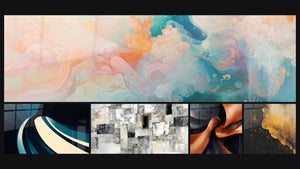 Mosaico de cinco cuadros, entre ellos Nubes Flotantes Rosado, Onda espiral moderno y Abstracto Mosaico Gris y Beige