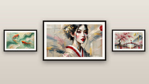 Galerijwand met drie ingelijste schilderijen: Koi in Symbiose, Portret van een Muze en Doorgang onder de Sakura