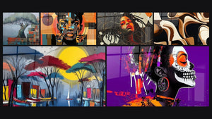 Mosaico de seis cuadros, entre ellos Árbol Baobab de los ancestros, Africano Reflejos Cúbicos y Africano Melodía Visual