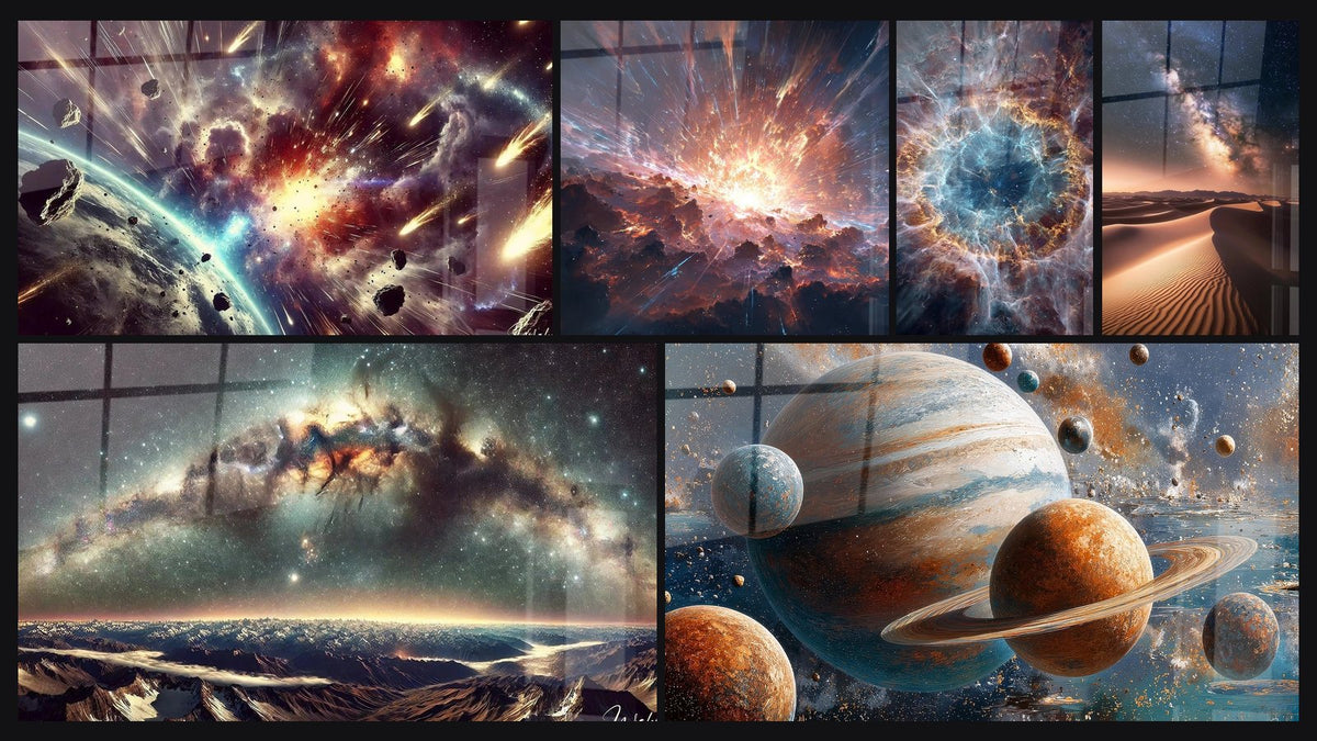 Mosaico de seis cuadros, entre ellos Tormenta Astral, Panorama Cósmico y Explosión cósmica