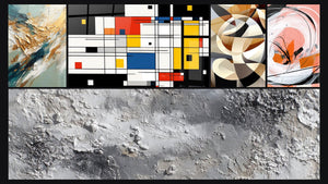 Mosaico de cinco cuadros, entre ellos Flujo y Retroceso Dorado y Textura Abstracta Gris y Plateado Mineral