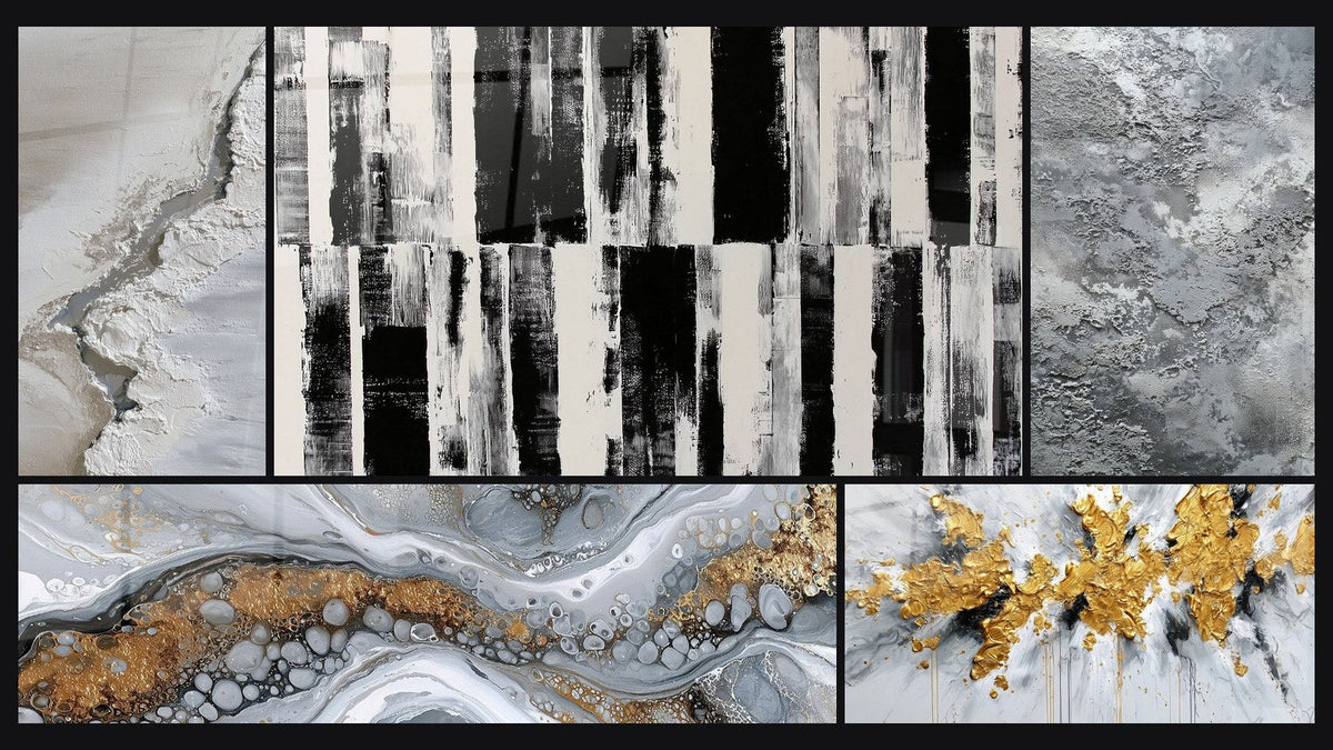 Mosaico di cinque quadri, tra cui Astratto Texture Bianche e Grigie Crepite e Astratto Fluido Grigio e Oro