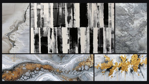 Mosaico de cinco cuadros, entre ellos Abstracto Fluido Gris y Oro y Explosión dorada sobre fondo blanco y gris