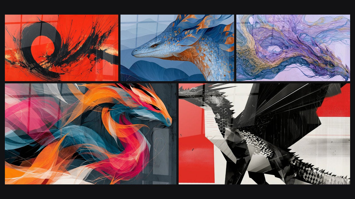 Mosaico de cinco cuadros, entre ellos Dragón azul y cobre con escamas ondulantes y Dragón negro con alas extendidas