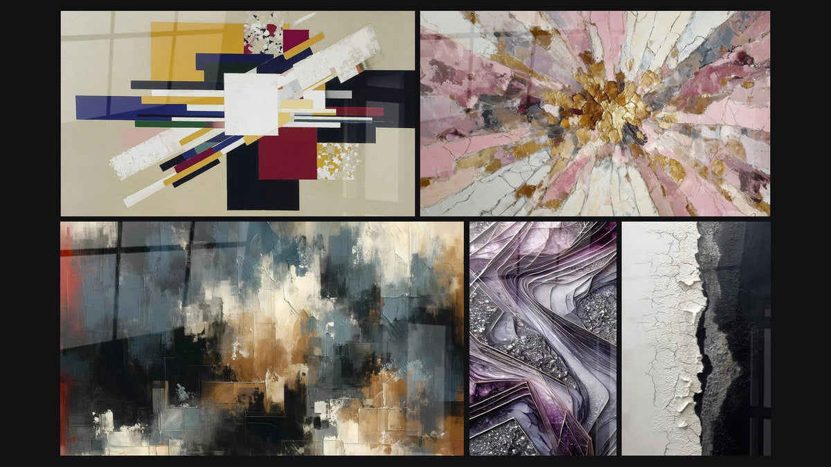 Mosaic of five paintings, including Organized Chaos, Quartz Blades and Crackled Texture Wall Art Black and White