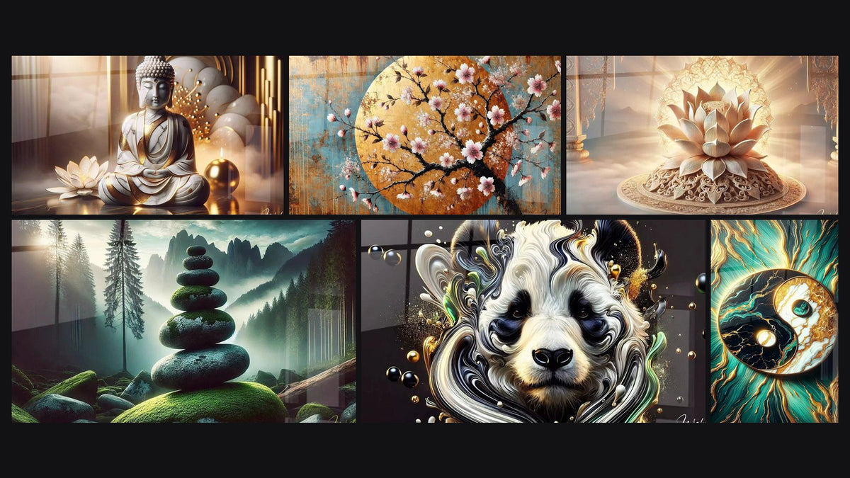 Mosaico di sei quadri, tra cui Pace Marmorizzata, Dolcezza Floreale e Equilibrio Forestale
