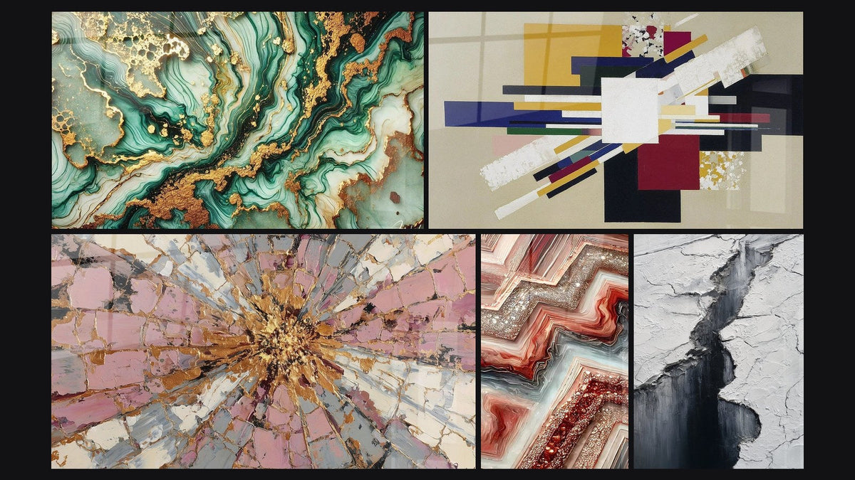 Mosaico di cinque quadri, tra cui Venature Mistiche e Esplosione Rosa e Oro con Centro Radioso