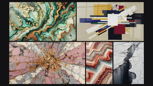 Mozaïek van vijf schilderijen, waaronder Mystieke Marmeringen en Geometrische Compositie Creatieve Spanning