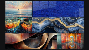 Mosaico de seis cuadros, entre ellos Viaje al Crepúsculo, Textura azul abstracto y Danza Llama Liberadora Roja