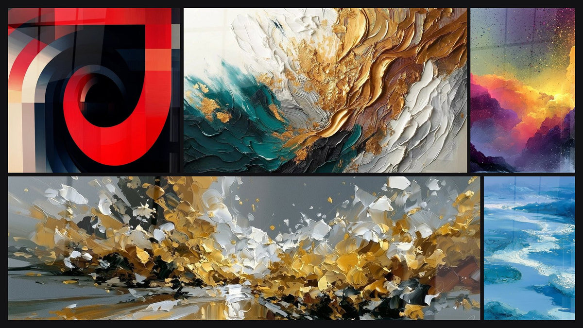 Mosaic of five paintings, including Concentric red and black spirals and Trace Artwork in Gold and Jade