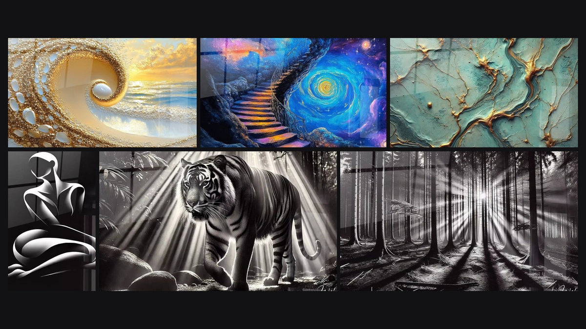 Mosaik aus sechs Gemälden, darunter Goldene Spirale Ozean, Kosmische Treppe und Goldene Flüsse