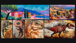 Mosaïque de six tableaux, dont Village méditerranéen coloré, Paysage méditerranéen et Iguane préhistorique