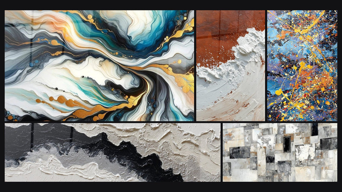 Mosaik aus fünf Gemälden, darunter Farbige Strömungen und Farbexplosion
