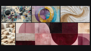 Mozaïek van vijf schilderijen, waaronder Abstract geometrische compositie en Minimalistisch Gesculpteerd