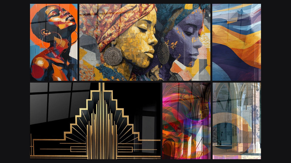 Mosaico di sei quadri, tra cui Ritratto africano di, Con due donne africane in profilo e Forme architettoniche astratte di