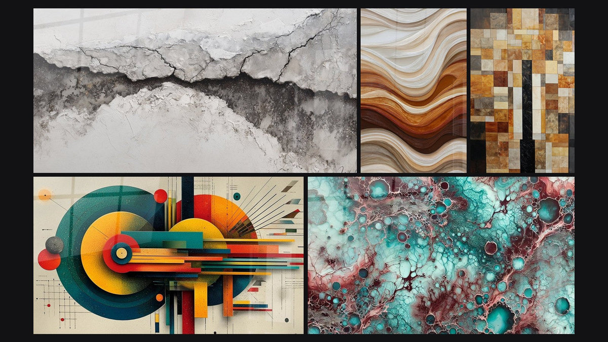 Mosaico di cinque quadri, tra cui Geometrico Energia Concentrica, Onde Fluide Terra e Rame e Essenza di Granato
