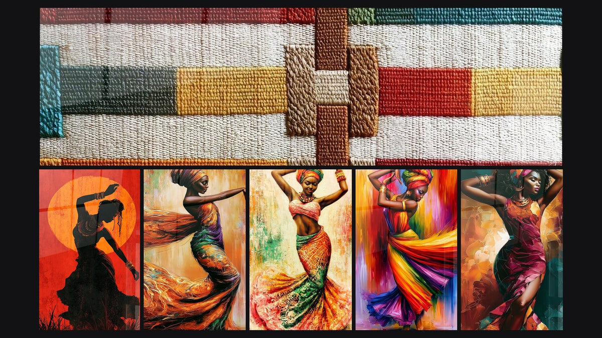 Mosaïque de six tableaux, dont Motifs géométriques abstraits et Danseuse Africaine au Coucher de Soleil