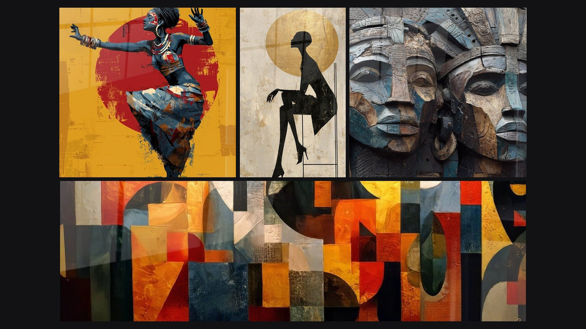 Mosaic of four paintings, including African Dancer, African Female Silhouette and Abstract Geometric