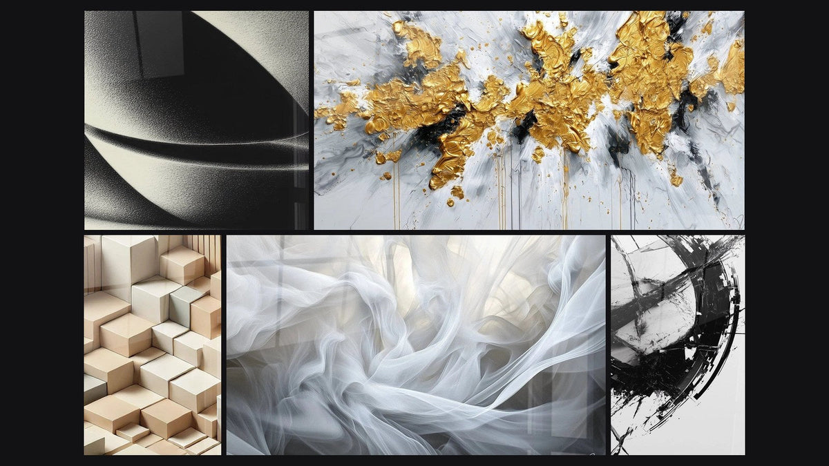 Mosaic of five paintings, including Abstract Sphere, Minimalism Sculpted and Veils of Light