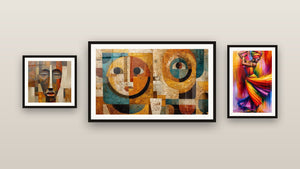 Pared de galería con tres cuadros enmarcados, entre ellos Arte geométrico africano y Rostro Cubista
