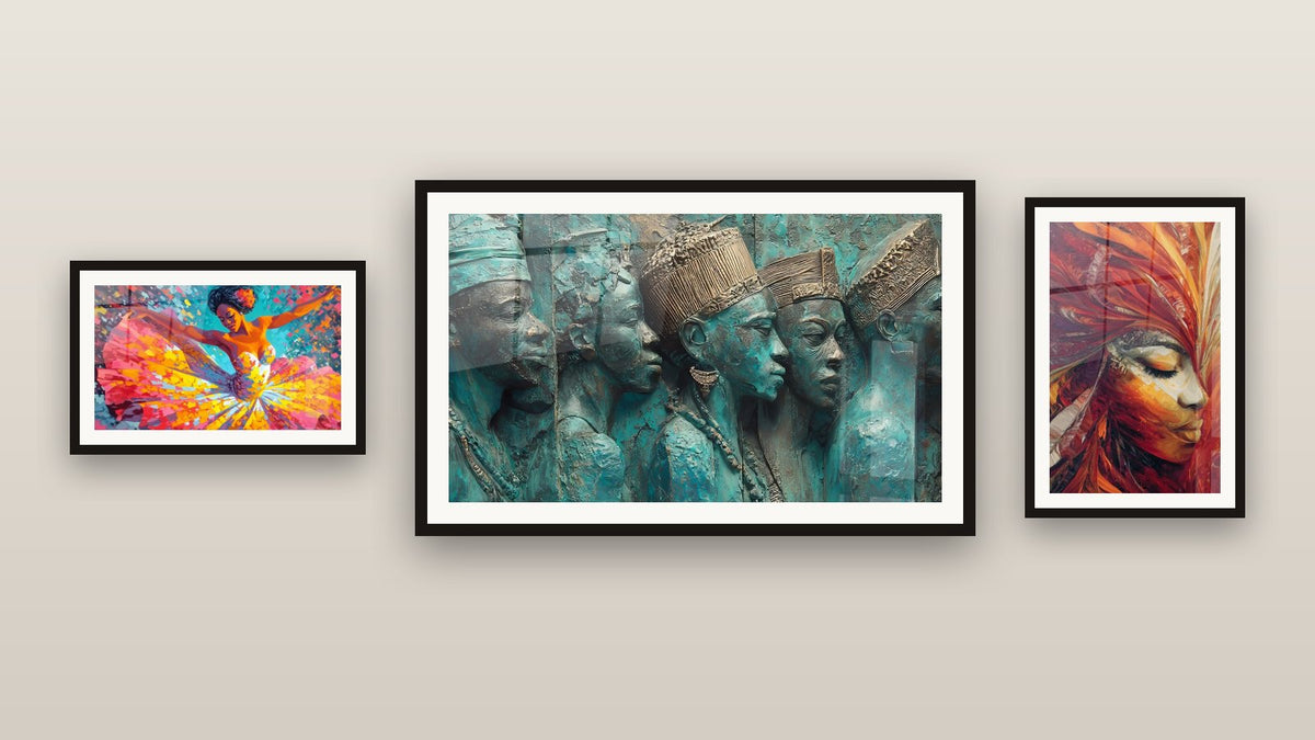 Gallery wall with three framed paintings: African Sculptures, Tribal Healer Face and Nubian Queen Woman