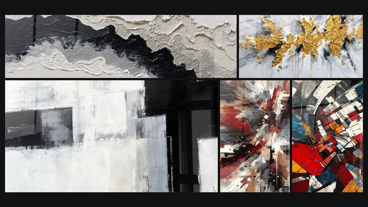 Mosaico di cinque quadri, tra cui Rumore Dinamico Esplosivo e Rivoluzione Architettonica Moderna