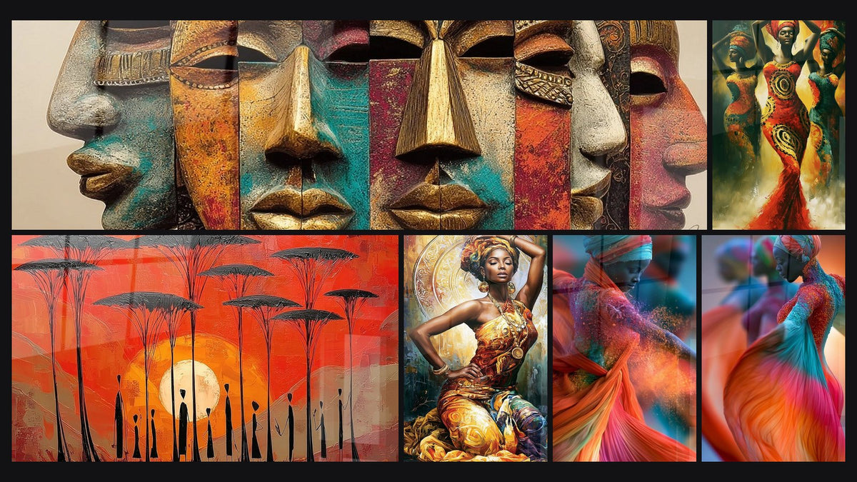 Mosaico di sei quadri, tra cui Maschere Africane Colorate, Tramonto sulla Savana e Ballerina Dorata con Turbante Decorato