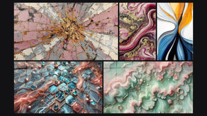 Mosaico de cinco cuadros, entre ellos Explosión Rosa y Oro con Centro Radiante, Redes de Resplandor y Bruma Esmeralda