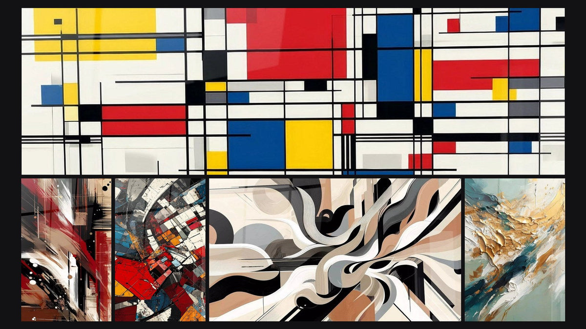 Mosaico de cinco cuadros, entre ellos Composición geométrica, Desorden Estructurado y Revolución Arquitectónica Moderna