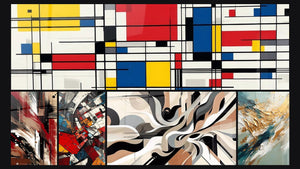 Mozaïek van vijf schilderijen, waaronder Tafel geometrische compositie en Gestructureerde Wanorde
