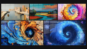 Mosaïque de cinq tableaux, dont Port méditerranéen, Paysage rivière coloré et Spirale cosmique bleue et dorée