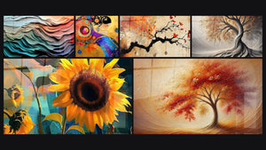 Mosaico de seis cuadros, entre ellos Olas fluidas, Mujer cósmica espiral y Terracota N°4