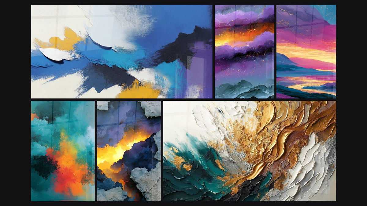 Mosaico di sei quadri, tra cui Astratto colorato e Montagne viola e incendio dorato notturno