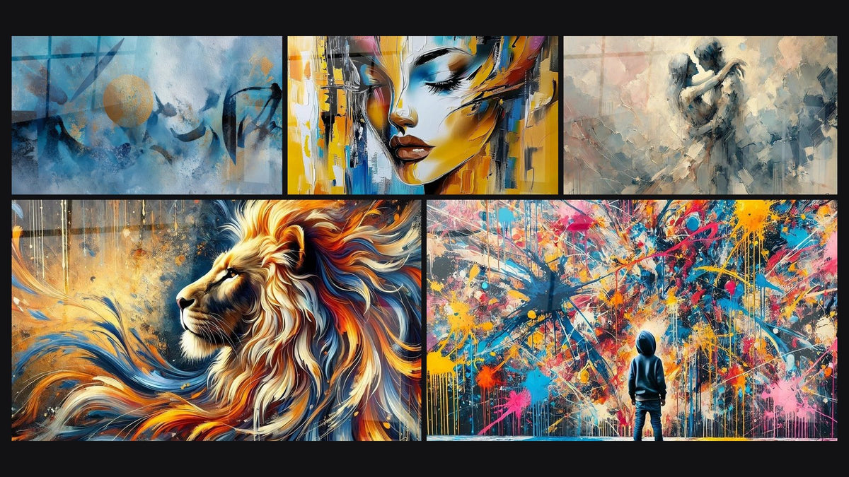 Mosaico de cinco cuadros, entre ellos Círculo dorado abstracto, Mujer retrato colorido y Llama Salvaje
