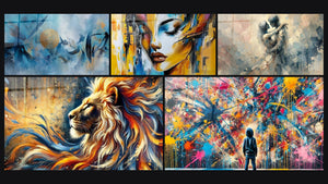 Mozaïek van vijf schilderijen, waaronder Abstracte gouden cirkellijst, Vrouw portret kleurrijk en Wanddecoratie Wilde Vlam