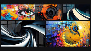 Mosaico de seis cuadros, entre ellos Composición abstracta, Ojo multicolor y Espiral dinámico naranja