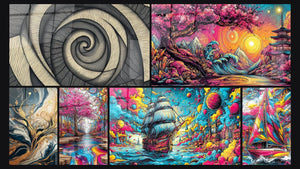 Mosaico de seis cuadros, entre ellos Espiral geométrica texturizada, Árboles Dorados Fluidos y Paisaje japonés cerezos