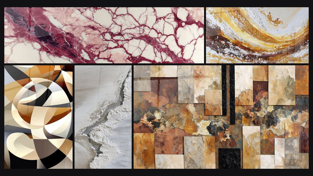 Mosaico de cinco cuadros, entre ellos Vetas púrpuras y crema sobre fondo crú y Formas circulares entrelazadas