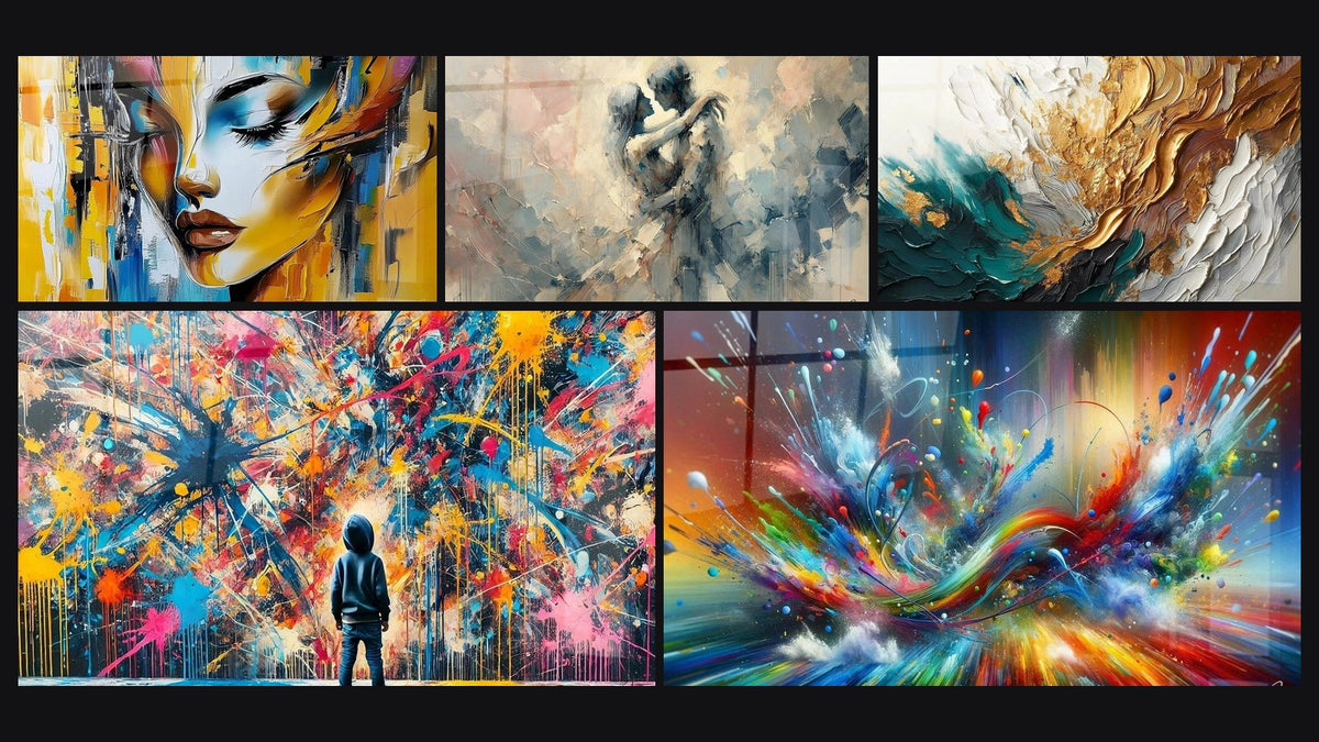 Mosaic of five paintings, including Colorful Woman Portrait, Paint Bursts and Between Us