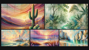 Mosaico de cinco cuadros, entre ellos Crepúsculo del Desierto, Misterio de la Jungla y Amanecer en el Faro