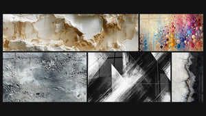 Mosaico de cinco cuadros, entre ellos Abstracto gris plateado texturizado, Puntos de Convergencia y Mosaico de Esferas