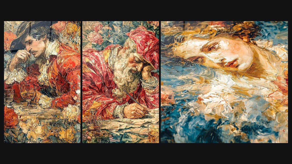 Mosaic of three paintings: Woman Beauty Introspective, Saint Jerome Feather Inspired and Face Reverie Ochre