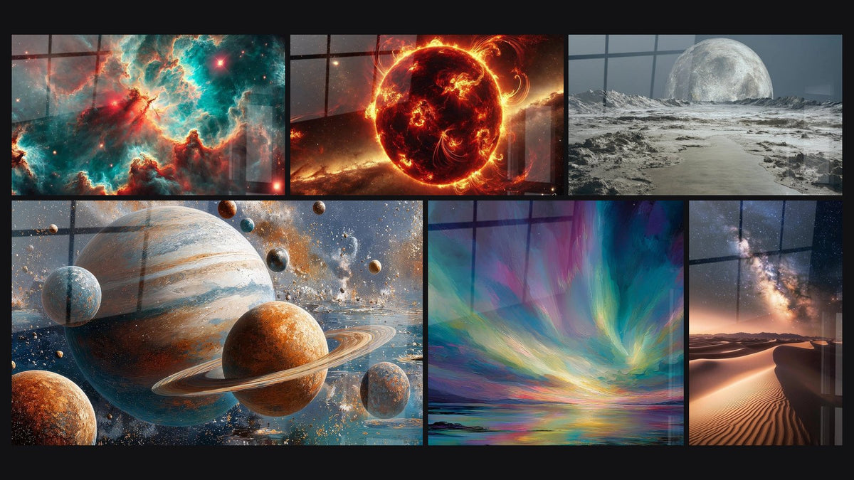 Mosaïque de six tableaux, dont Espace N°1, Planètes système solaire et Paysage marin