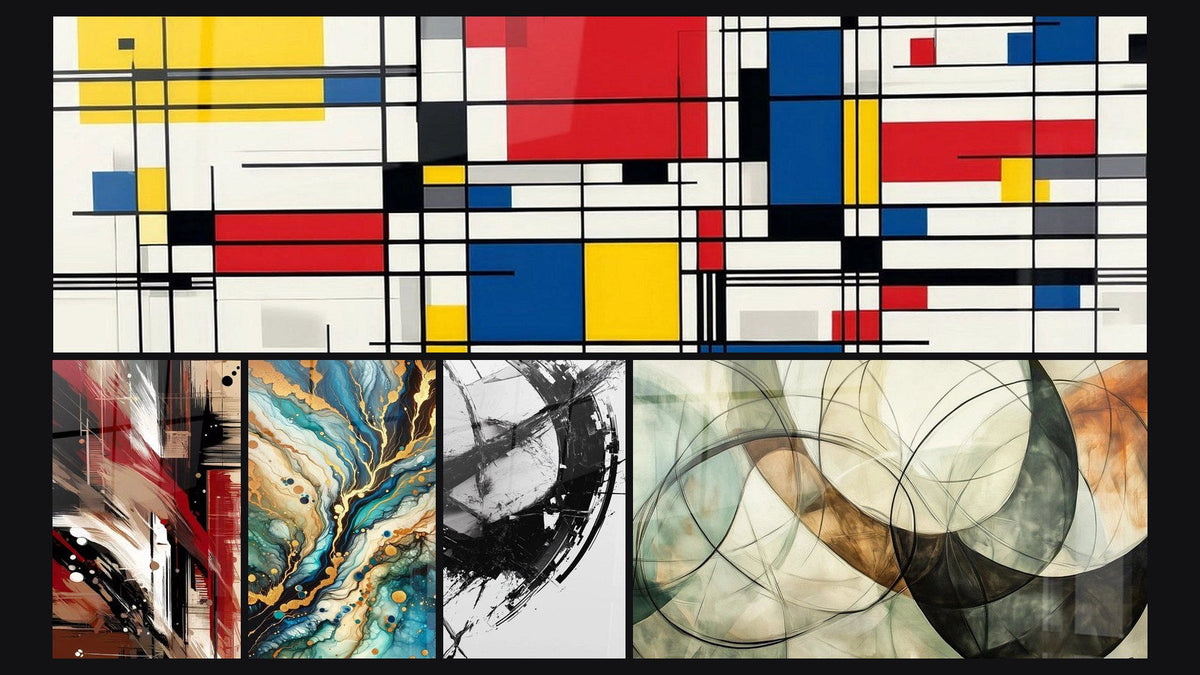 Mosaico de cinco cuadros, entre ellos Composición geométrica, Desorden Estructurado y Laberinto Mineral