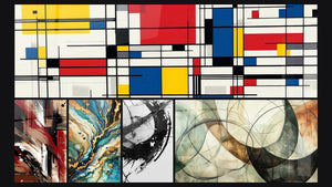 Mosaico de cinco cuadros, entre ellos Composición geométrica, Desorden Estructurado y Laberinto Mineral
