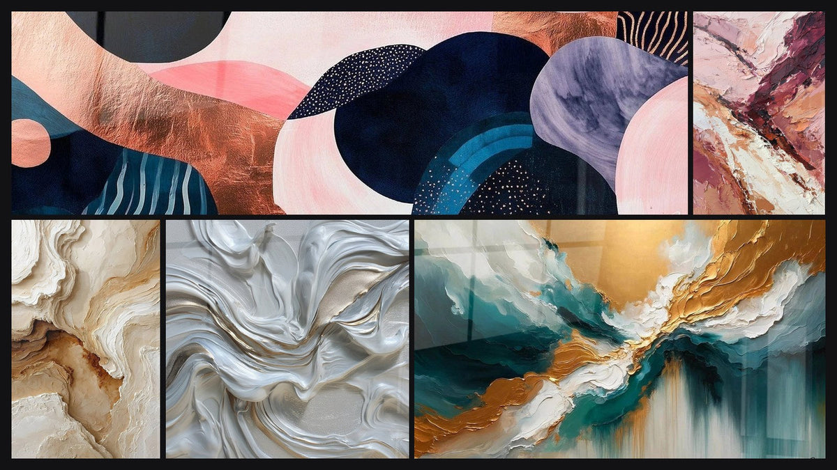 Mosaïque de cinq tableaux, dont Symbiose Ondulante Corail et Abstrait Texturé Beige et Ocre
