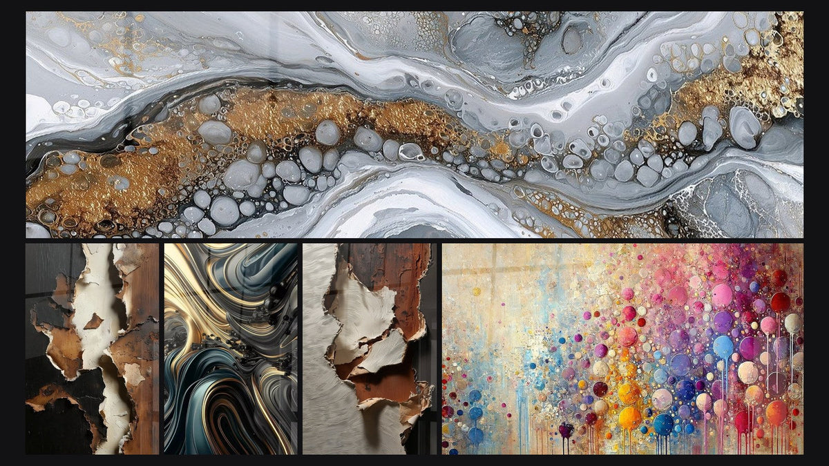 Mosaico di cinque quadri, tra cui Astratto Fluido Grigio e Oro, Ondulazioni Opulente e Mosaico di Sfere
