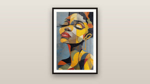 Ingelijst schilderij aan een muur: Portret Afrikaanse Vrouw