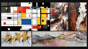 Mozaïek van vijf schilderijen, waaronder Geometrisch gekleurde compositie en Explosief Dynamisch Geluid